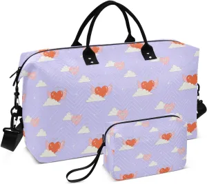 VIGTRO Travel Duffel Bag Weekender Overnight Bag with Toiletry Bag Hearts with Wings in The Clouds Printed, Carry On Luggage Bag for Hospital Gym Travel Business, 2 Pcs Set