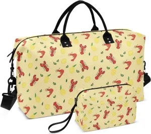 VIGTRO Travel Duffel Bag Weekender Overnight Bag with Toiletry Bag Lobster and Lemon Printed, Carry On Luggage Bag Fresh Seafood for Hospital Gym Travel Business, 2 Pcs Set
