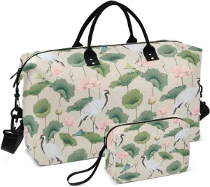 VIGTRO Travel Duffel Bag Weekender Overnight Bag with Toiletry Bag Lotuses Japanese Cranes Printed, Carry On Luggage Bag for Hospital Gym Travel Business, 2 Pcs Set