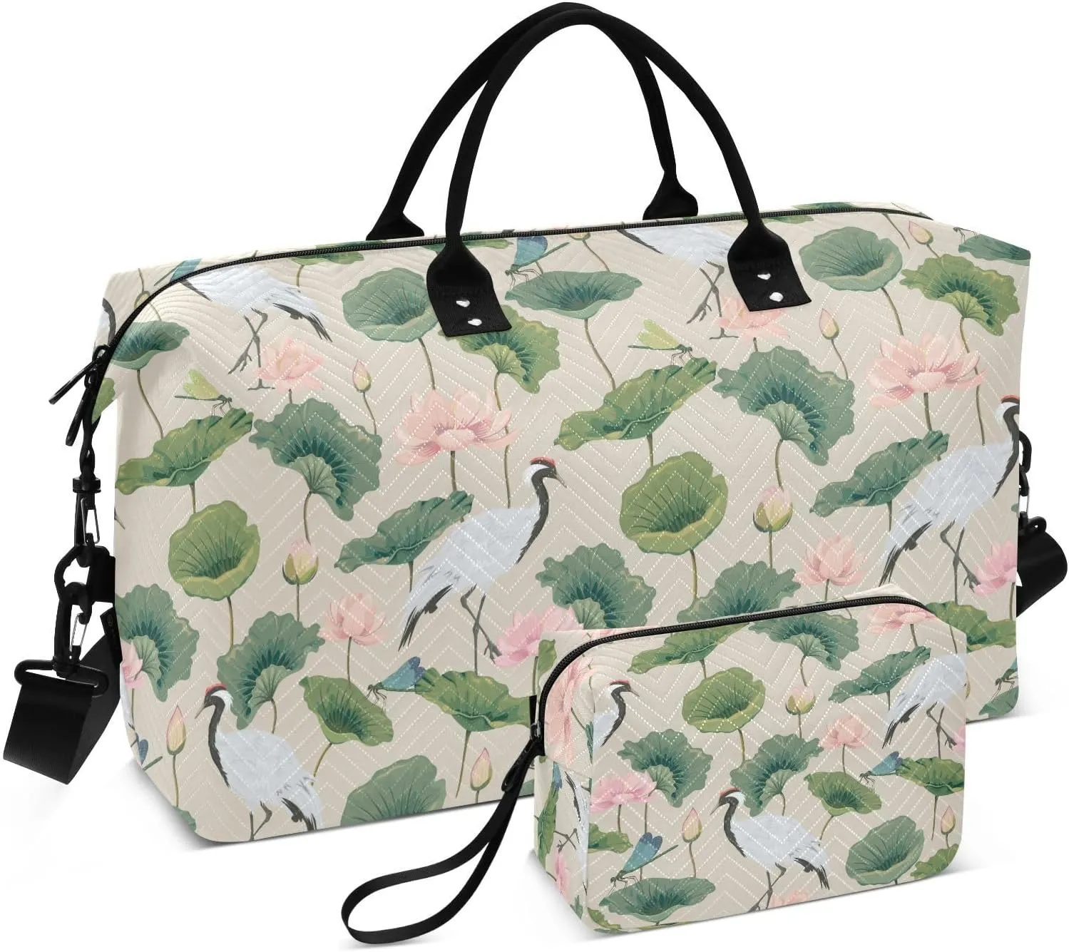 VIGTRO Travel Duffel Bag Weekender Overnight Bag with Toiletry Bag Lotuses Japanese Cranes Printed, Carry On Luggage Bag for Hospital Gym Travel Business, 2 Pcs Set