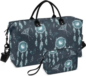VIGTRO Travel Duffel Bag Weekender Overnight Bag with Toiletry Bag Mystical Dreamcatcher Moon Printed, Carry On Luggage Bag Feathers for Hospital Gym Travel Business, 2 Pcs Set