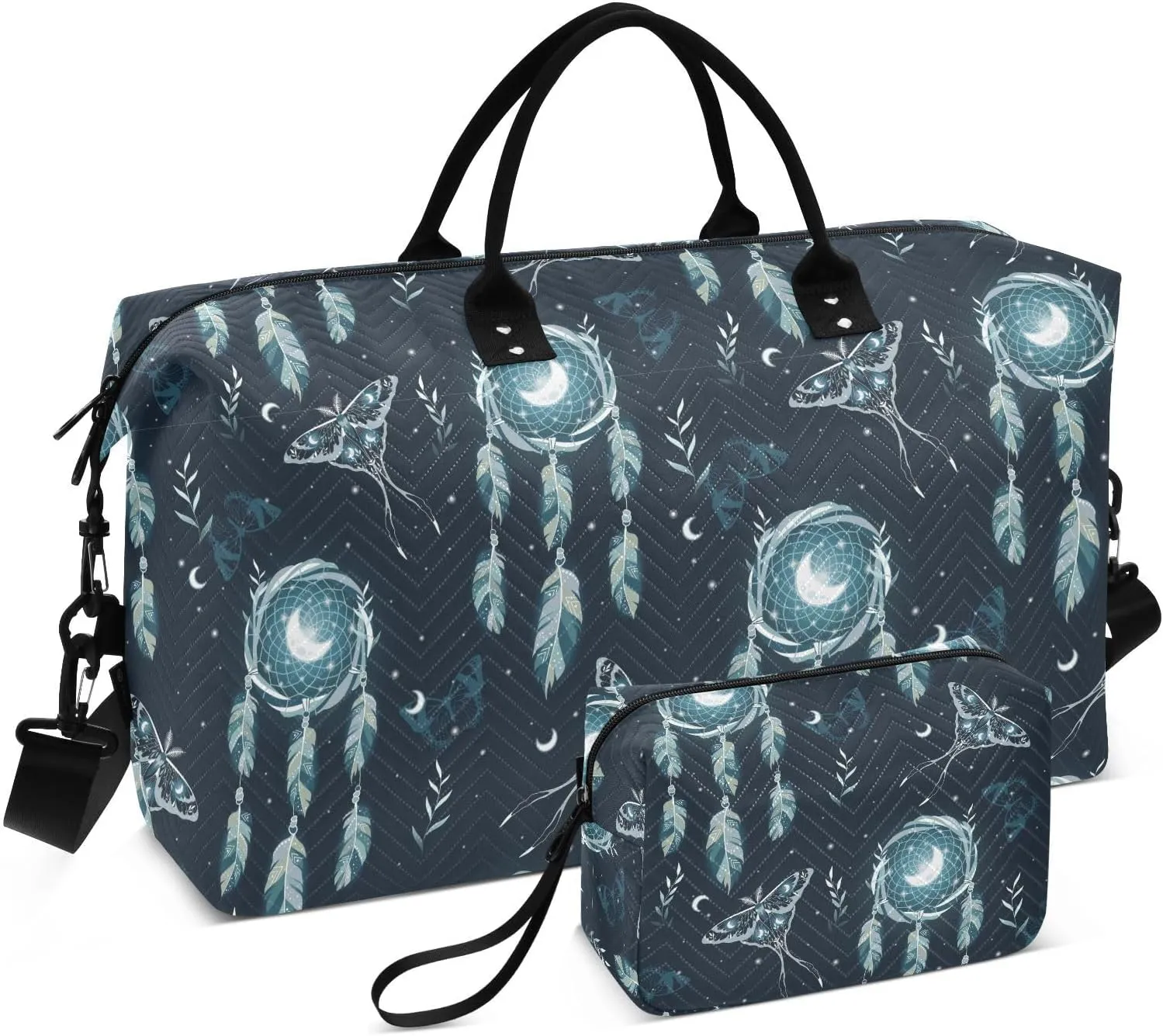VIGTRO Travel Duffel Bag Weekender Overnight Bag with Toiletry Bag Mystical Dreamcatcher Moon Printed, Carry On Luggage Bag Feathers for Hospital Gym Travel Business, 2 Pcs Set