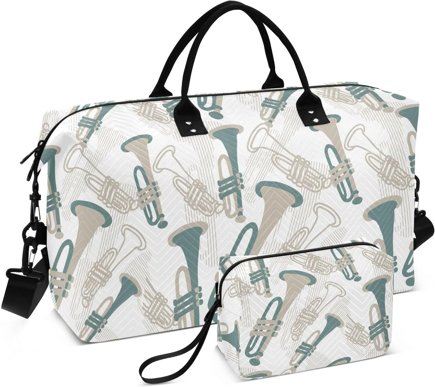 VIGTRO Travel Duffel Bag Weekender Overnight Bag with Toiletry Bag Trumpet Musical Instrument Printed, Carry On Luggage Bag for Hospital Gym Travel Business, 2 Pcs Set