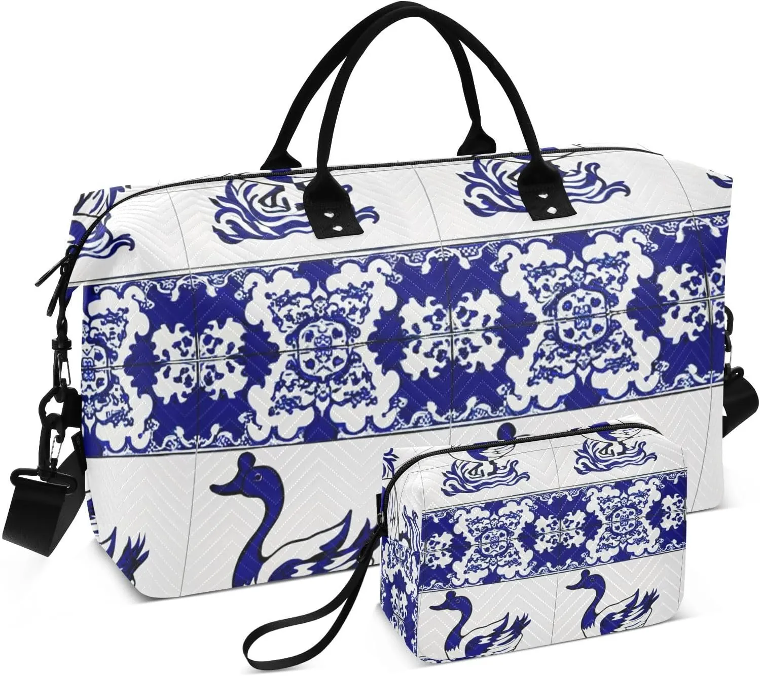 VIGTRO Travel Duffel Bag Weekender Overnight Bag with Toiletry Bag Vintage Goose Printed, Carry On Luggage Bag Tile Art Artistic for Hospital Gym Travel Business, 2 Pcs Set