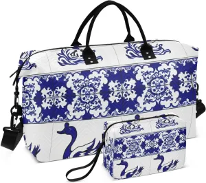 VIGTRO Travel Duffel Bag Weekender Overnight Bag with Toiletry Bag Vintage Goose Printed, Carry On Luggage Bag Tile Art Artistic for Hospital Gym Travel Business, 2 Pcs Set