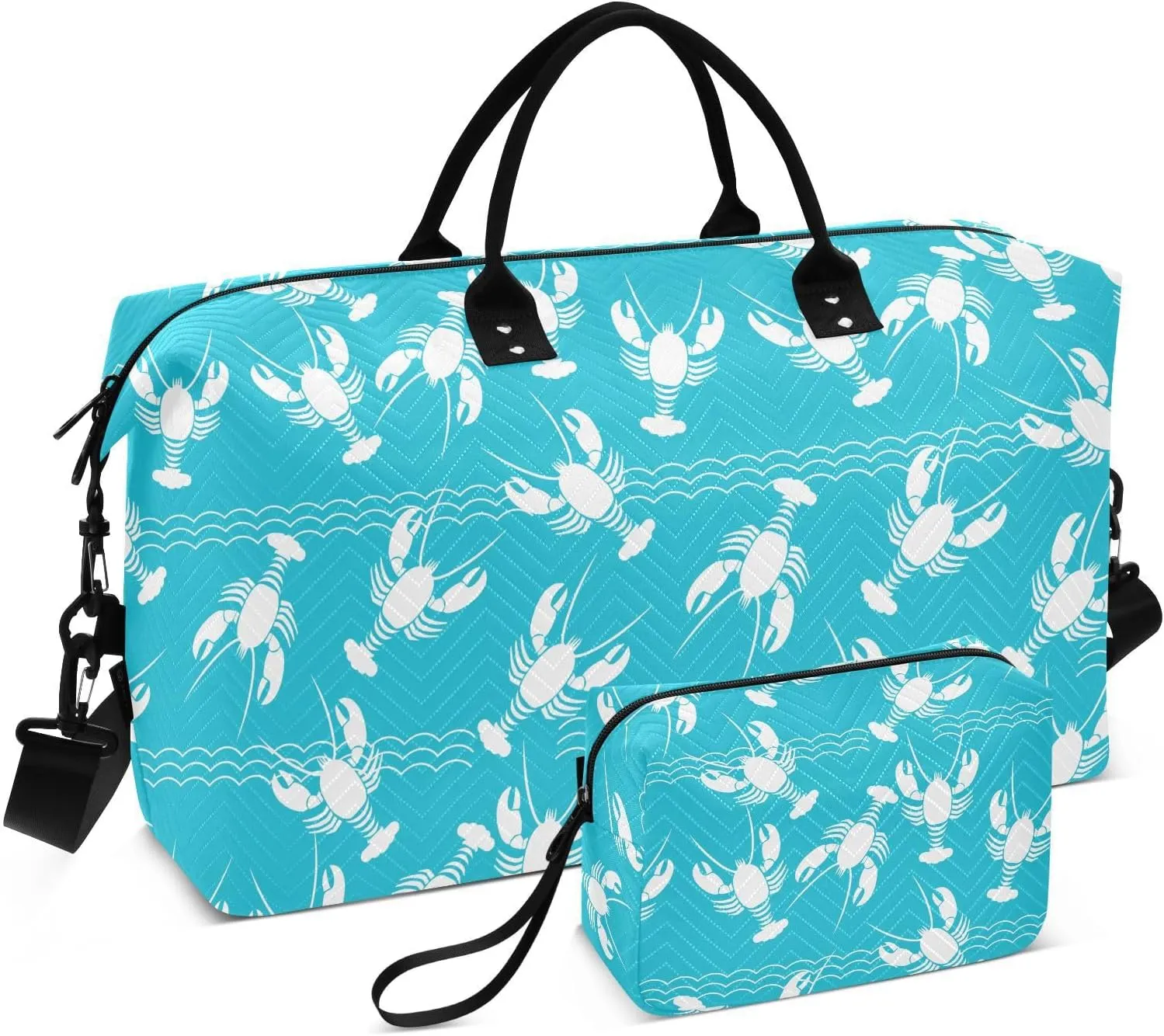VIGTRO Weekender Bag Travel Duffle Bag for Women Men Cute Lobster Seafood Printed, Overnight Bag for Gym Work with Toiletry Bag, 2 PCS Set