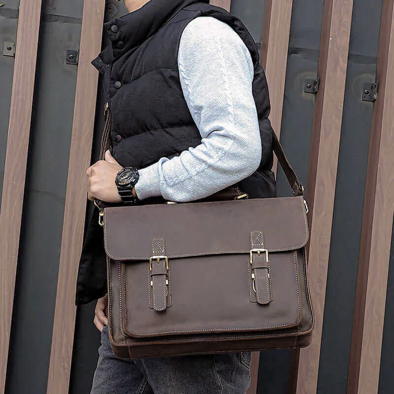 Vintage Crazy Horse Leather Handbag | 14-Inch Laptop Bag