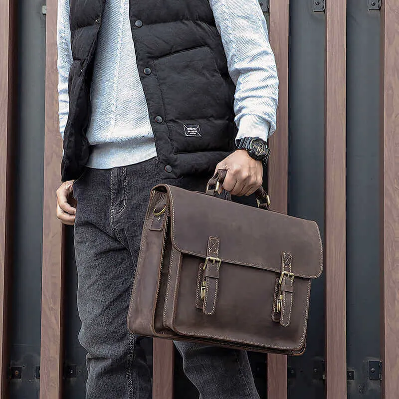 Vintage Crazy Horse Leather Handbag | 14-Inch Laptop Bag