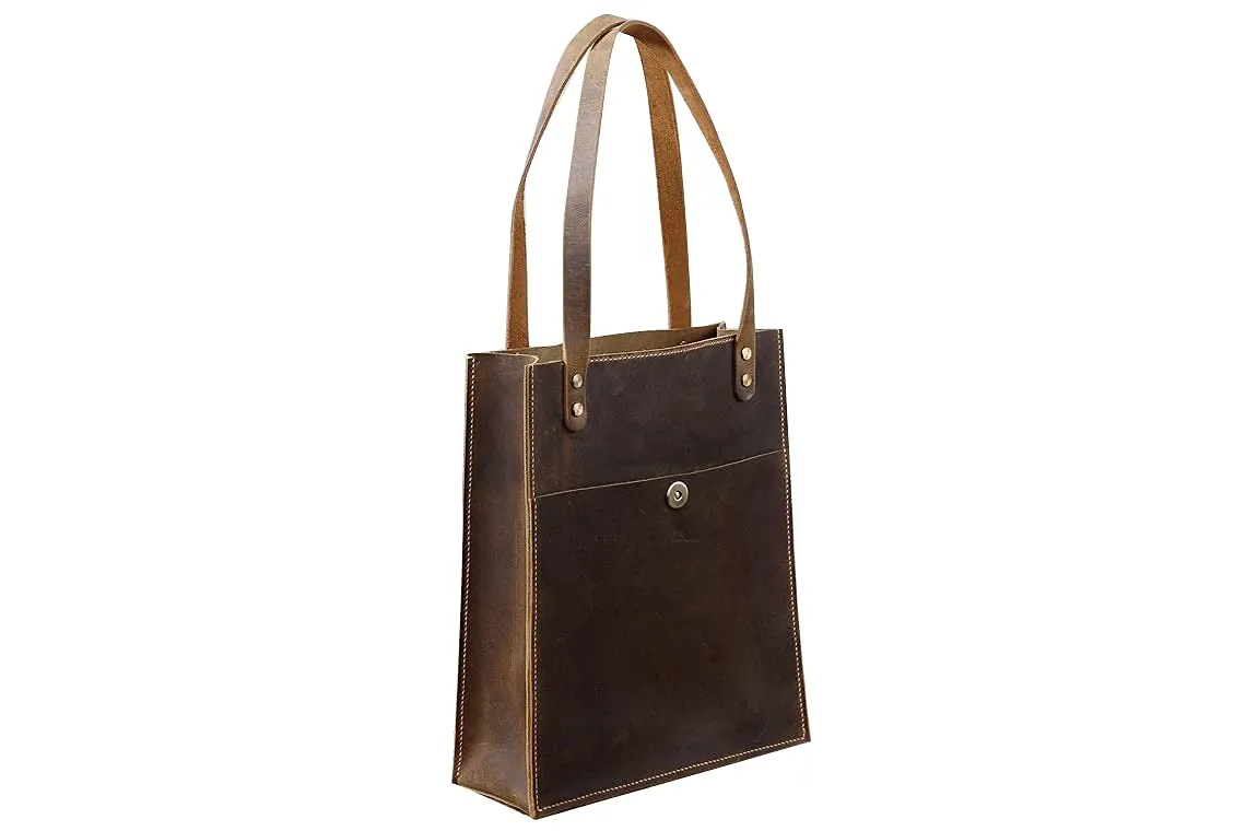 Vintage leather slim tote bag, Brown classic leather handbag purse, laptop leather tote bag for women Z04-LTB05CL