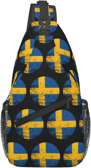 Vintage Swedish Sweden Flag Crossbody Bags Sling Backpack Cross Chest Bag Sports Shoulder Bag Gym Fanny Pack Adjustable Cycling Daypack Diagonally Rucksack for Running
