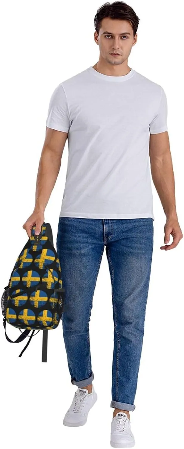 Vintage Swedish Sweden Flag Crossbody Bags Sling Backpack Cross Chest Bag Sports Shoulder Bag Gym Fanny Pack Adjustable Cycling Daypack Diagonally Rucksack for Running