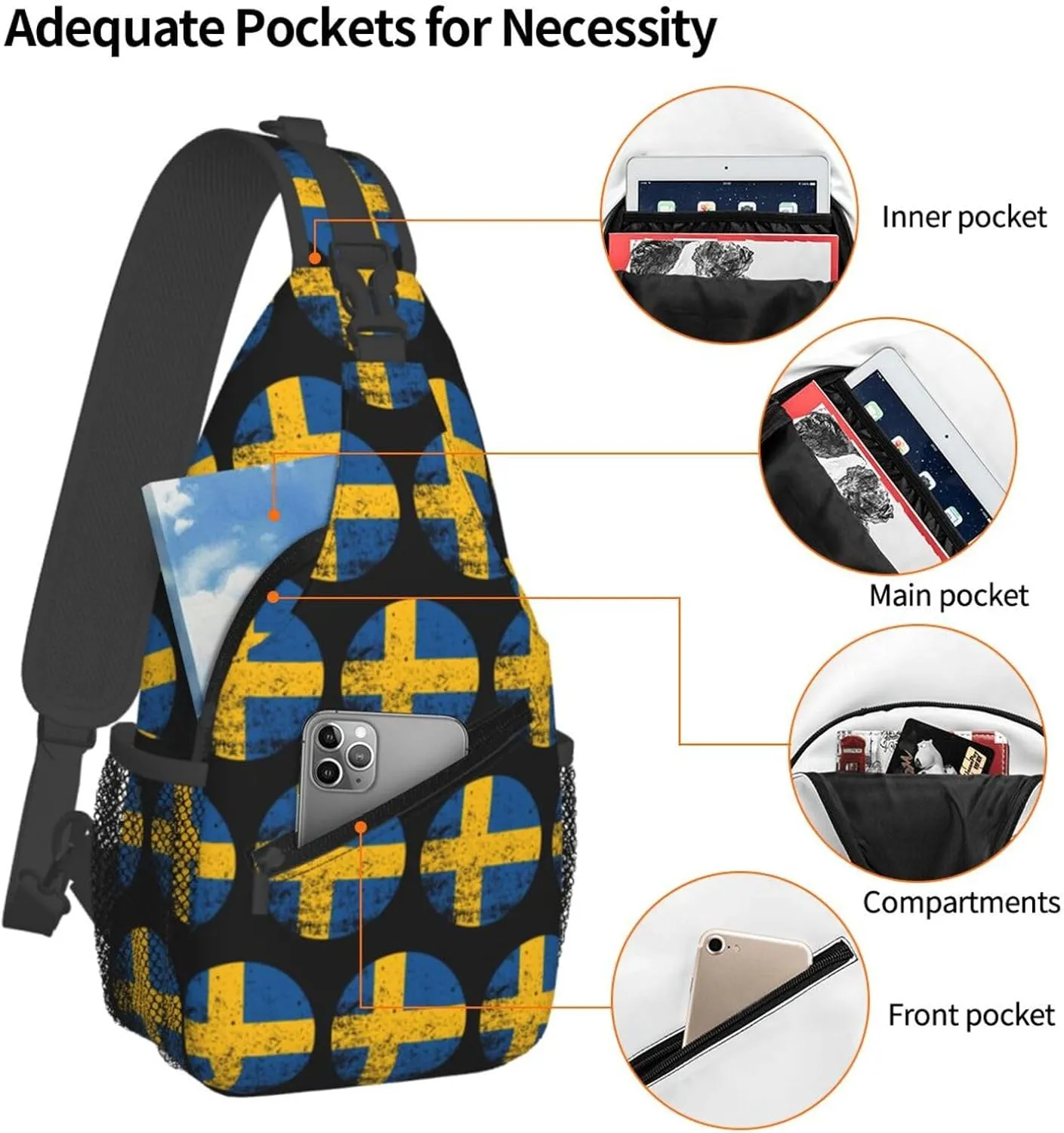 Vintage Swedish Sweden Flag Crossbody Bags Sling Backpack Cross Chest Bag Sports Shoulder Bag Gym Fanny Pack Adjustable Cycling Daypack Diagonally Rucksack for Running