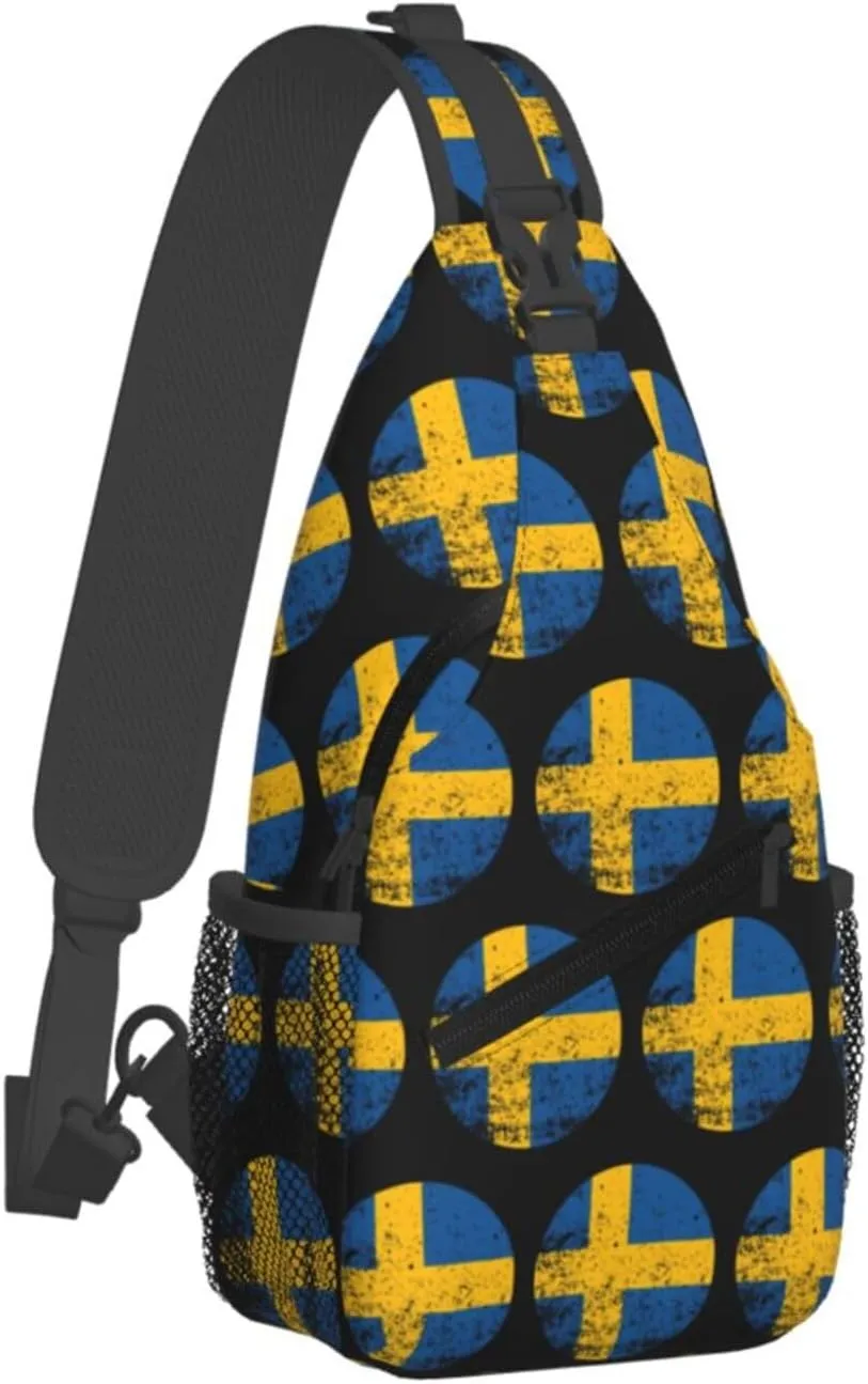 Vintage Swedish Sweden Flag Crossbody Bags Sling Backpack Cross Chest Bag Sports Shoulder Bag Gym Fanny Pack Adjustable Cycling Daypack Diagonally Rucksack for Running