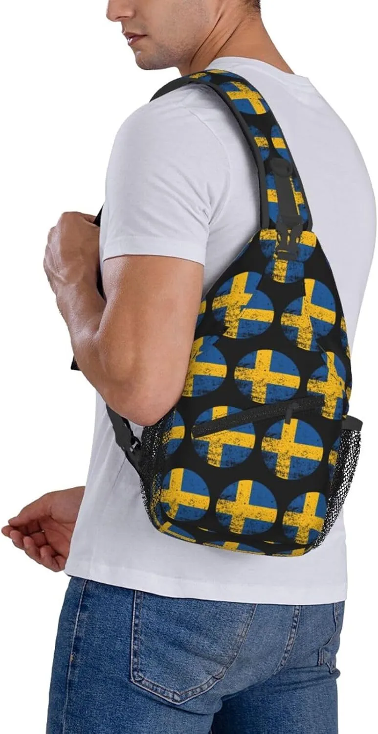 Vintage Swedish Sweden Flag Crossbody Bags Sling Backpack Cross Chest Bag Sports Shoulder Bag Gym Fanny Pack Adjustable Cycling Daypack Diagonally Rucksack for Running