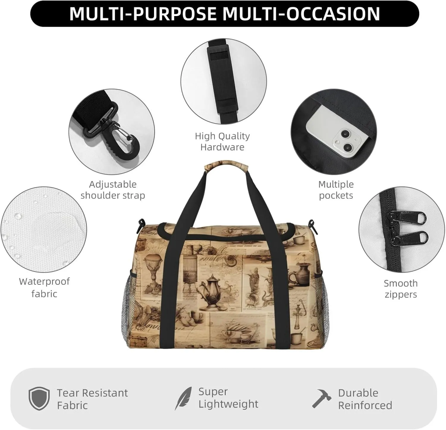 Vintage Tea Set Duffle Bag Foldable Travel Tote Bag Carry On Large Weekender Overnight Bags Waterproof Gym Bag For Women Men