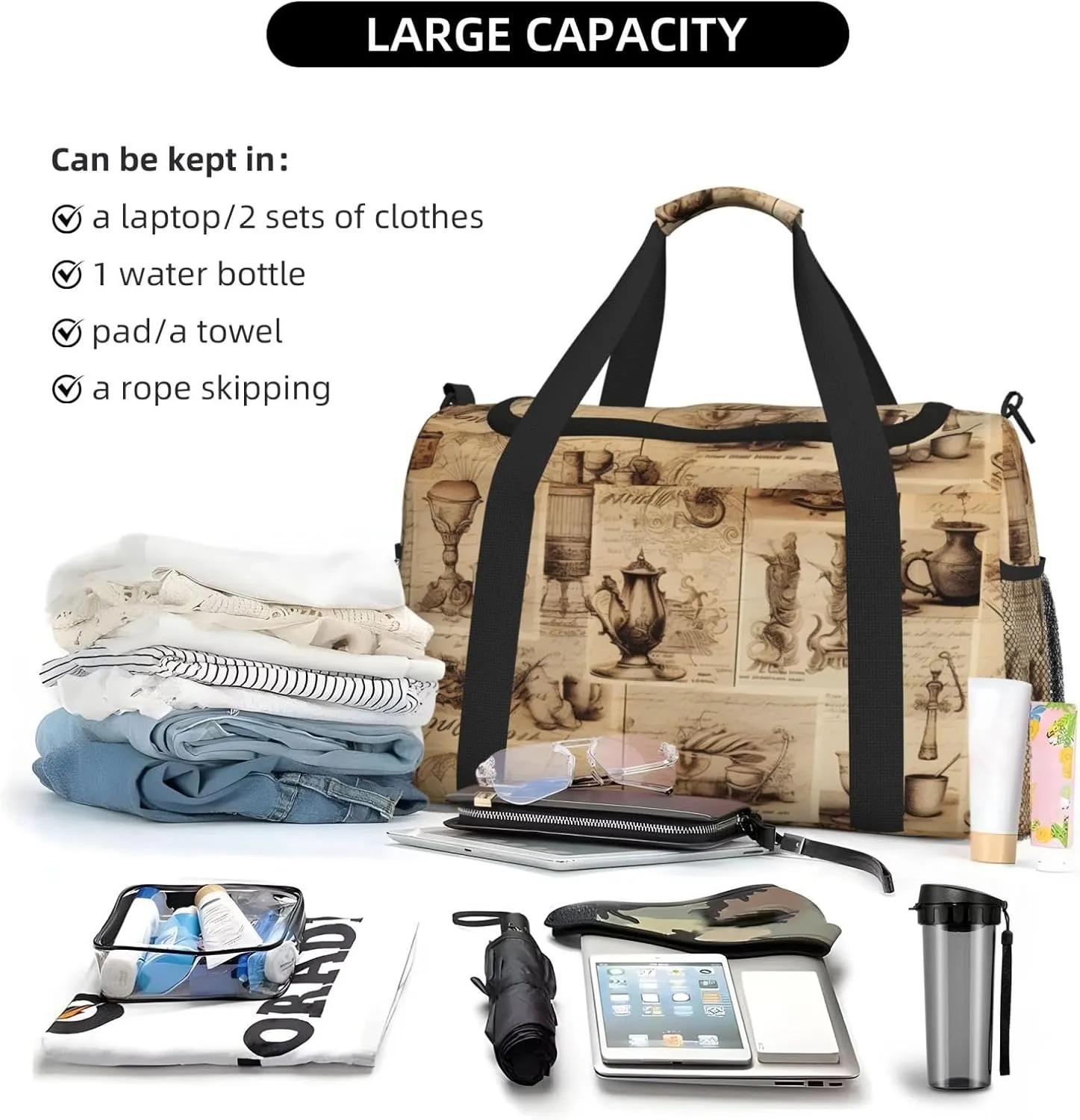 Vintage Tea Set Duffle Bag Foldable Travel Tote Bag Carry On Large Weekender Overnight Bags Waterproof Gym Bag For Women Men