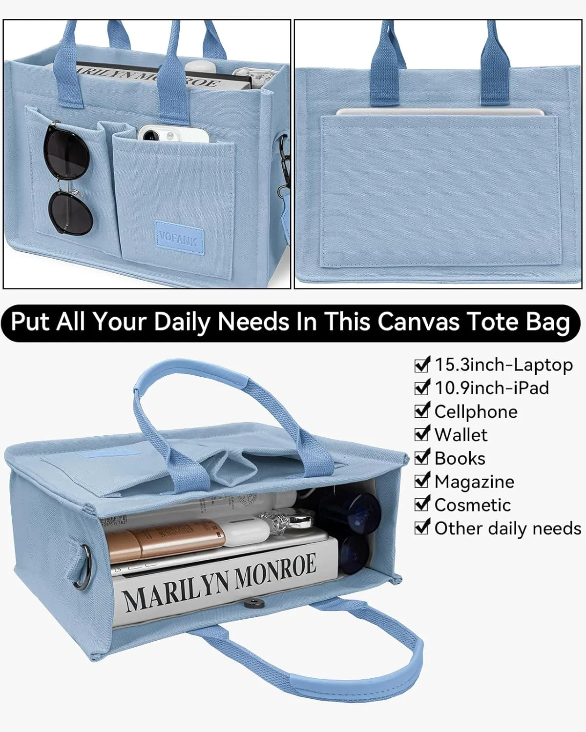 VOFANK Canvas Tote Bag for Women with Pockets Large Crossbody Bag Satchel Bag Handbag Everything Everyday Bag for Work Daily