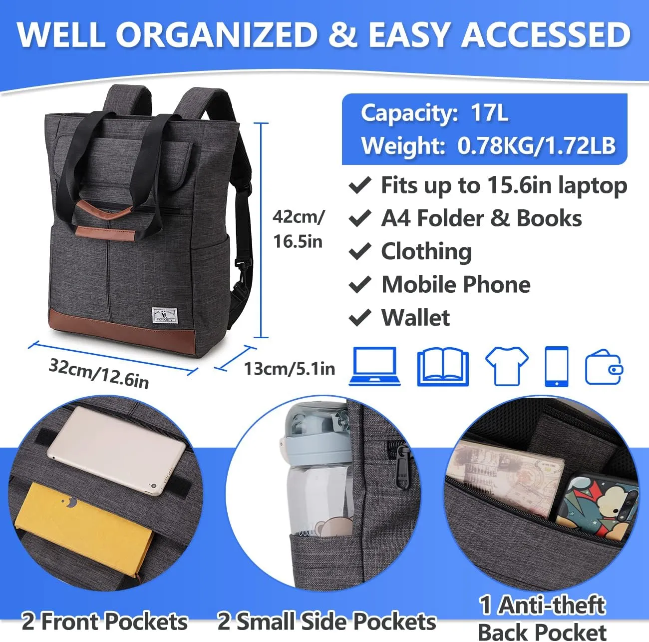 VX VONXURY Backpack for Women, 15.6 Inch Laptop Bag Water Resistant Convertible Backpack Purse for Work Travel (Grey-15Inch)