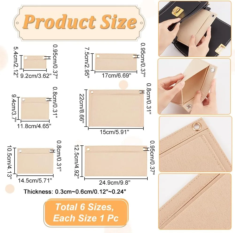 WADORN 6 Sizes Purse Conversion Organizer Insert, Felt Handbag Organizer Inner Pocket Wallet Clutch Bag Conversion Kit with Eyelet Pochette Bag in Bag Accessory, Beige