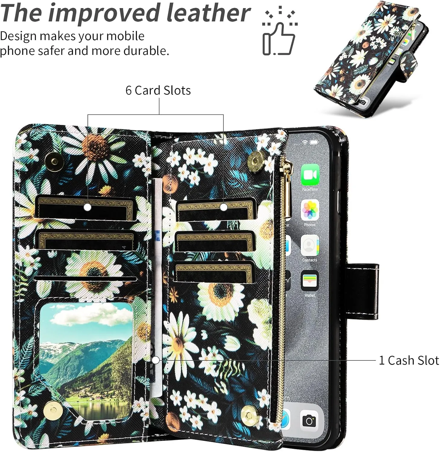 Wallet Case for Wiko Power U10 with Wrist Strap Crossbody Shoulder Strap Flower Leather 6  Card Slots Zipper Purse Credit Card Holder Protector Stand Phone Cover WikoPowerU20 Girls Black