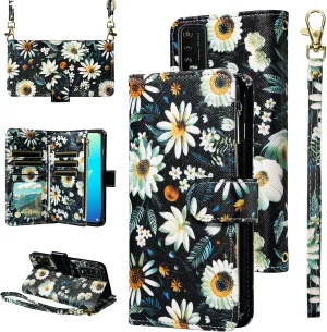Wallet Case for Wiko Power U10 with Wrist Strap Crossbody Shoulder Strap Flower Leather 6  Card Slots Zipper Purse Credit Card Holder Protector Stand Phone Cover WikoPowerU20 Girls Black