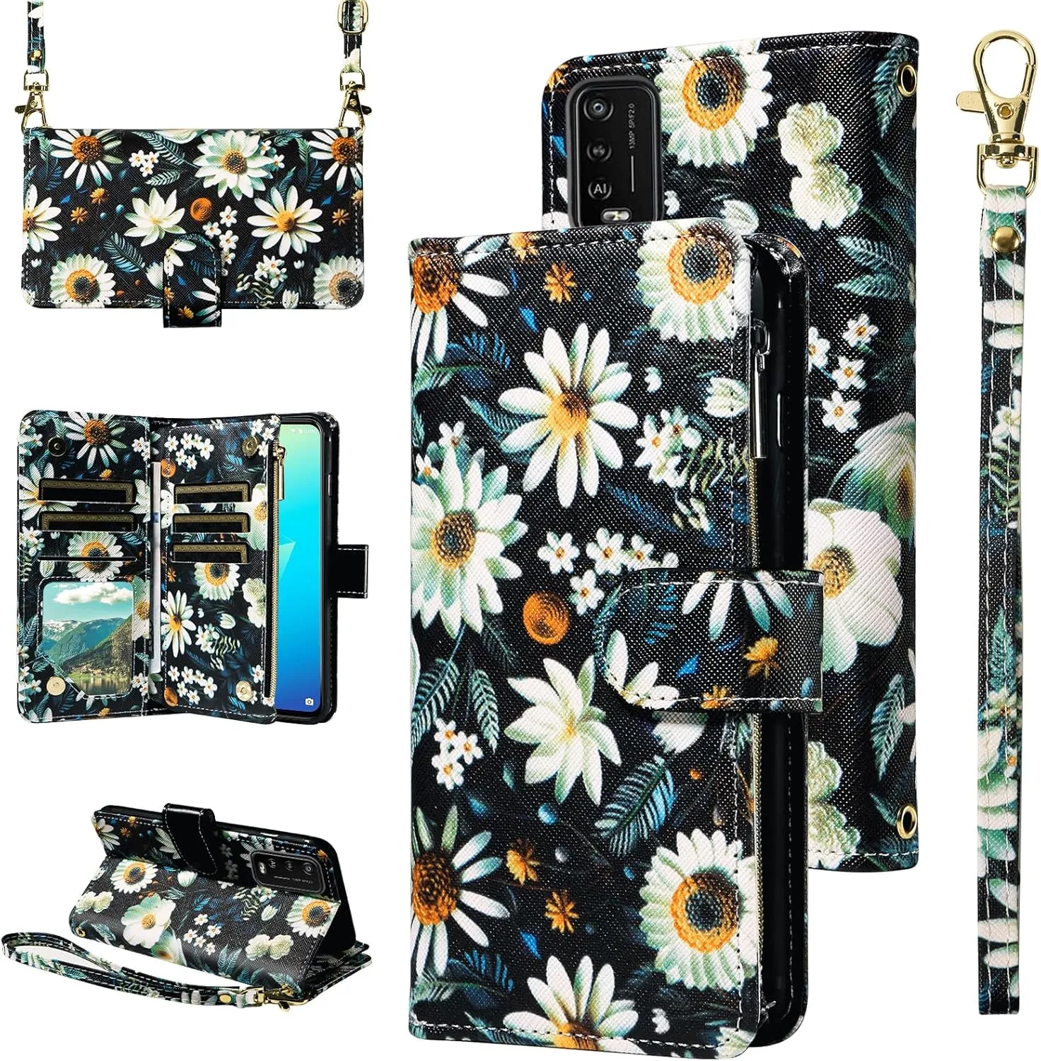 Wallet Case for Wiko Power U10 with Wrist Strap Crossbody Shoulder Strap Flower Leather 6  Card Slots Zipper Purse Credit Card Holder Protector Stand Phone Cover WikoPowerU20 Girls Black