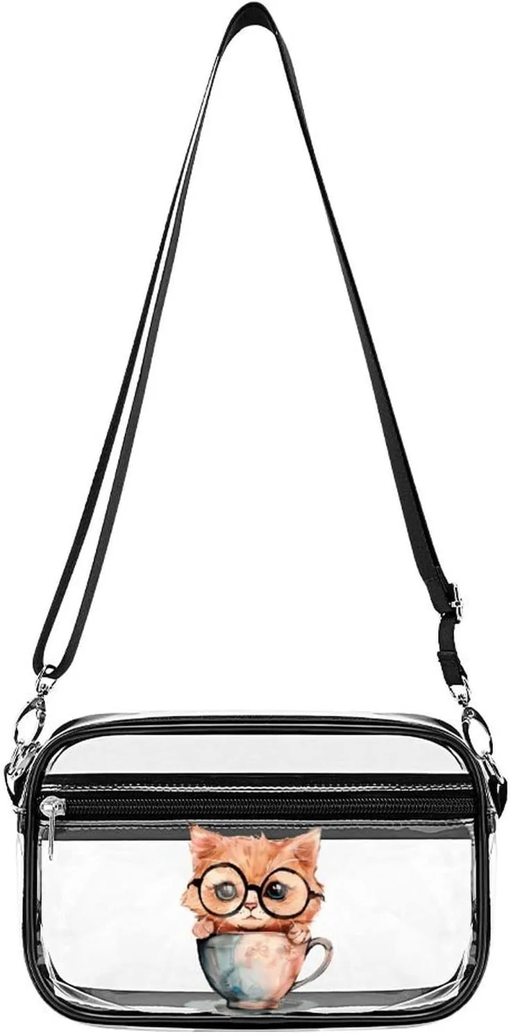 Watercolor Cat Clear Bag PVC Clear Crossbody Purse Bag Transparent Shoulder Handbag with Adjustable Strap
