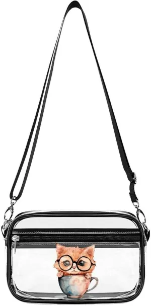 Watercolor Cat Clear Bag PVC Clear Crossbody Purse Bag Transparent Shoulder Handbag with Adjustable Strap