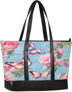 Watercolor Flowers Butterflys Laptop Tote Bag for Women Lightweight Work Purse with Multiple Compartments Fits 13-15.6 Inch Laptop Tablet Shoulder Bag for Office Travel Daily Use