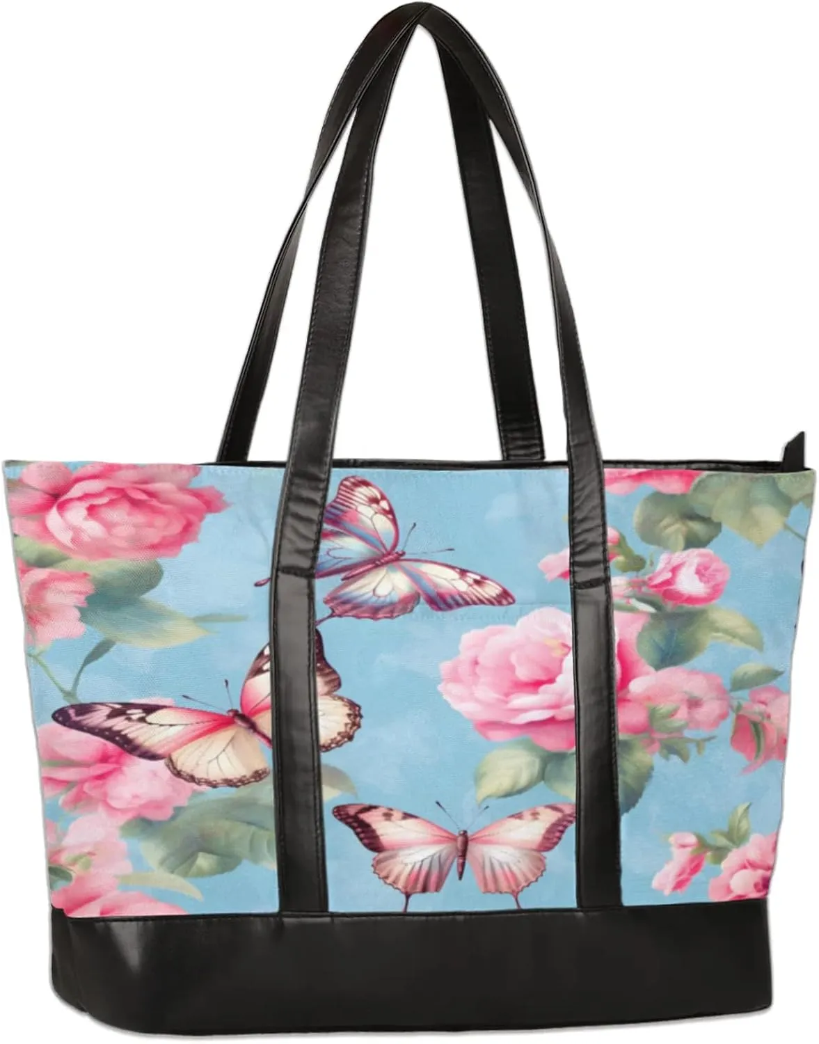 Watercolor Flowers Butterflys Laptop Tote Bag for Women Lightweight Work Purse with Multiple Compartments Fits 13-15.6 Inch Laptop Tablet Shoulder Bag for Office Travel Daily Use
