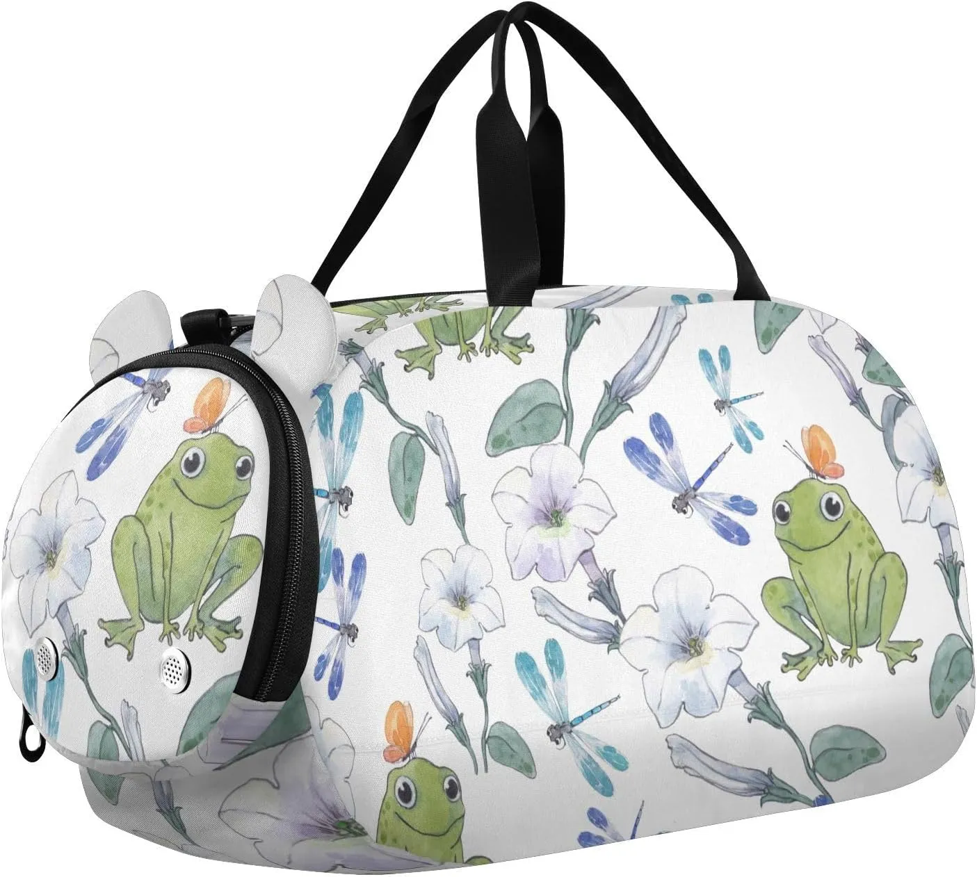 Watercolor Frog Flowers and Dragonflies Gym Travel Duffel Bag with Shoe Compartment for Boys Girls - Gymnastics Sports Dance Football Travel Bag Teens Weekender Sleepover