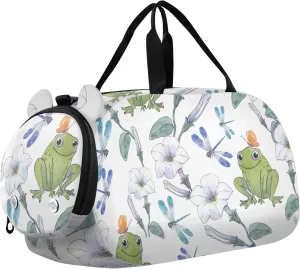 Watercolor Frog Flowers and Dragonflies Gym Travel Duffel Bag with Shoe Compartment for Boys Girls - Gymnastics Sports Dance Football Travel Bag Teens Weekender Sleepover