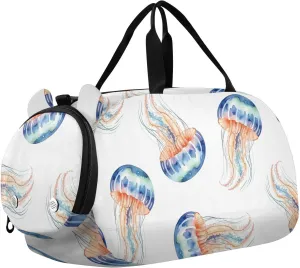 Watercolor Jellyfish Pattern Gym Travel Duffel Bag with Shoe Compartment for Boys Girls - Gymnastics Sports Dance Football Travel Bag Teens Weekender Sleepover