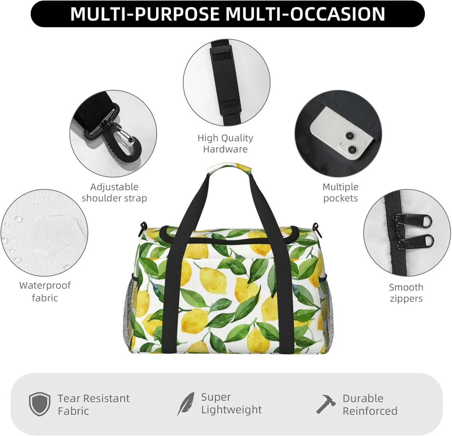 Watercolor Lemon Duffle Bag Foldable Travel Tote Bag Carry On Large Weekender Overnight Bags Waterproof Gym Bag For Women Men