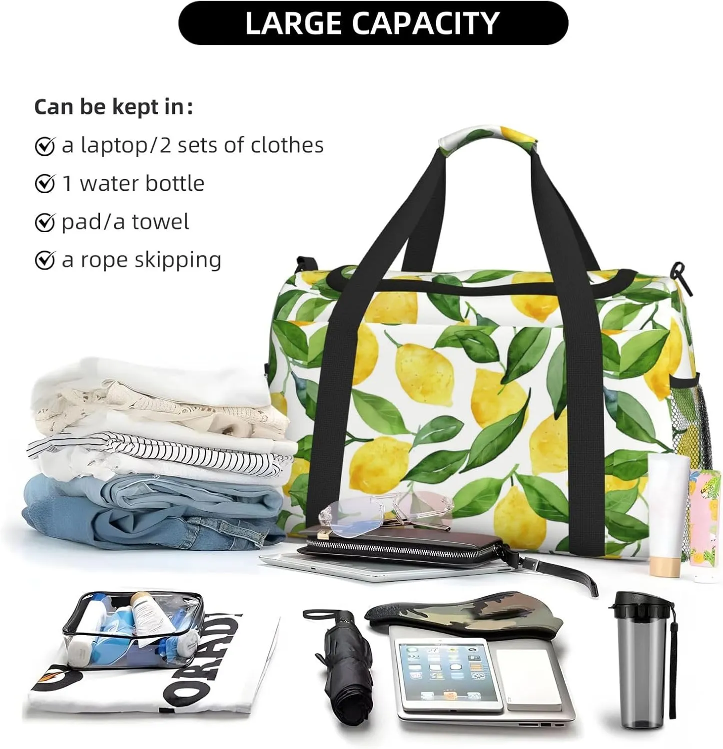 Watercolor Lemon Duffle Bag Foldable Travel Tote Bag Carry On Large Weekender Overnight Bags Waterproof Gym Bag For Women Men