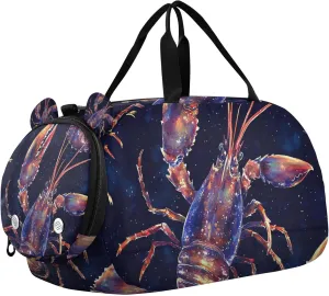 Watercolor Lobster Black Duffle Bag for Toddler Boys Girls, Gym Sports Bag with Shoe Compartments, Kids Travel Overnight Weekender Shoulder Bag