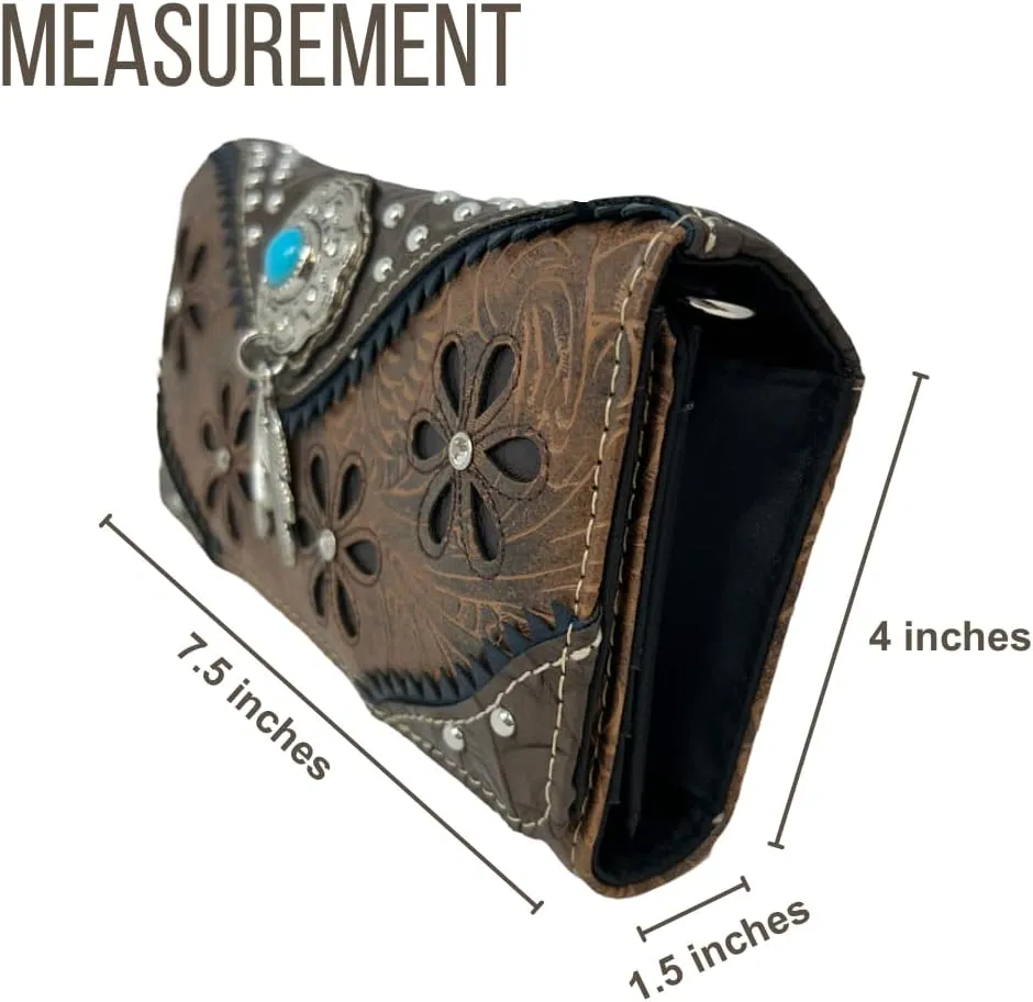 Western Native American Tooled Leather Wallet - Country Style Feather Trifold for Women - Brown