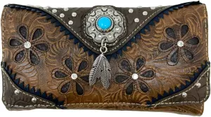 Western Native American Tooled Leather Wallet - Country Style Feather Trifold for Women - Brown