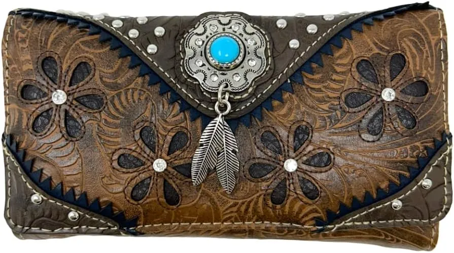 Western Native American Tooled Leather Wallet - Country Style Feather Trifold for Women - Brown