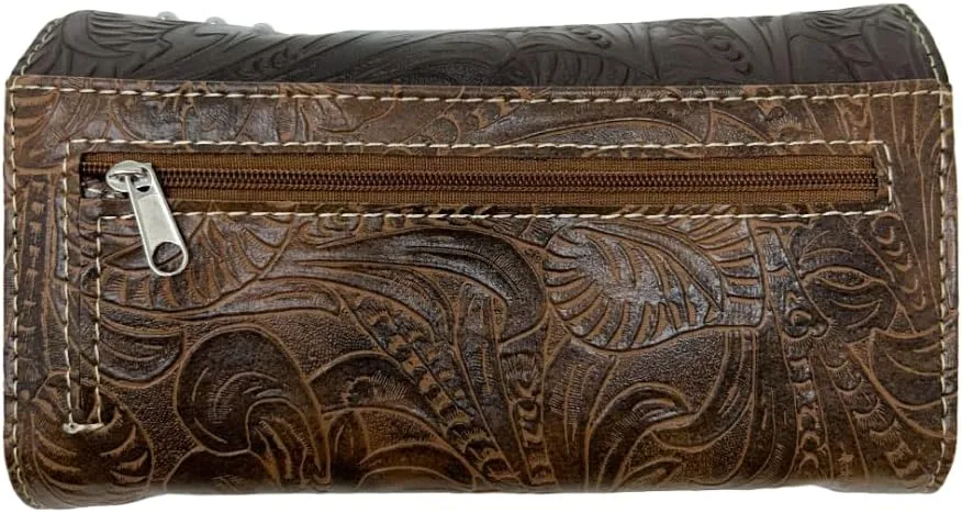 Western Native American Tooled Leather Wallet - Country Style Feather Trifold for Women - Brown