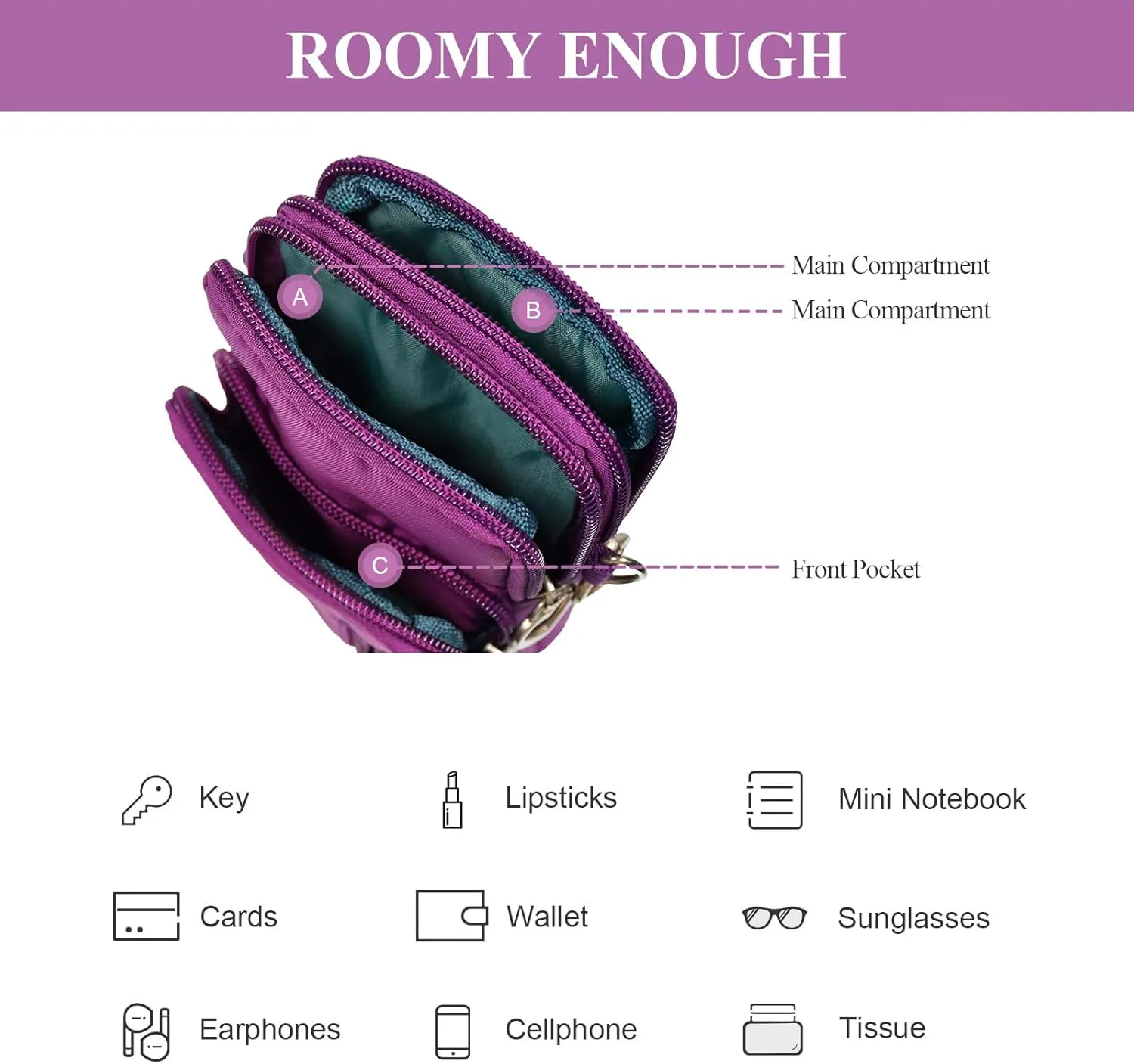 WITERY Waterproof Nylon Cute Crossbody Cell Phone Purse Smartphone Wallet Bag for Women