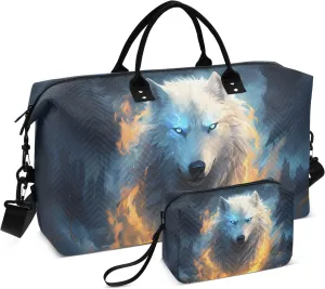 Wolf Travel Duffle Bag Gym Bag, Mysterious White Fire Wolf Weekender Bags for Women with Toiletry Bag Travel Tote Bag Swim Bag