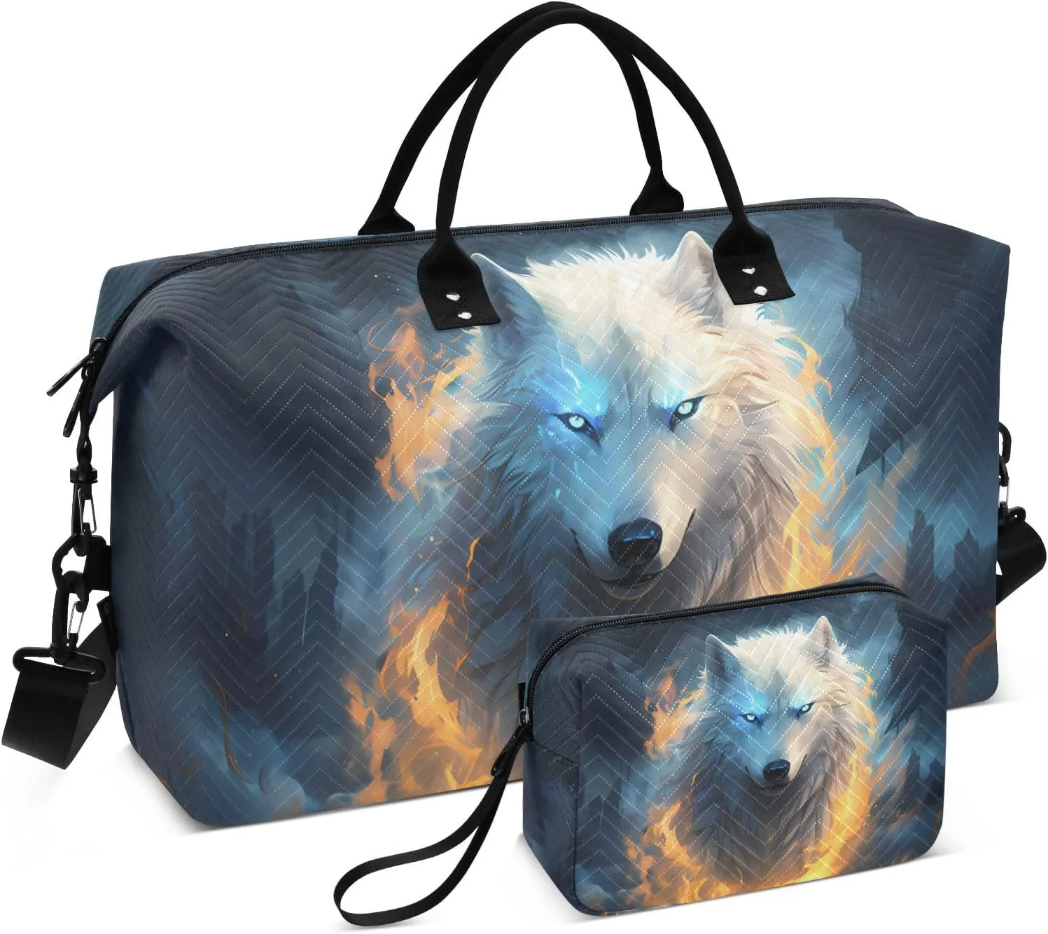 Wolf Travel Duffle Bag Gym Bag, Mysterious White Fire Wolf Weekender Bags for Women with Toiletry Bag Travel Tote Bag Swim Bag