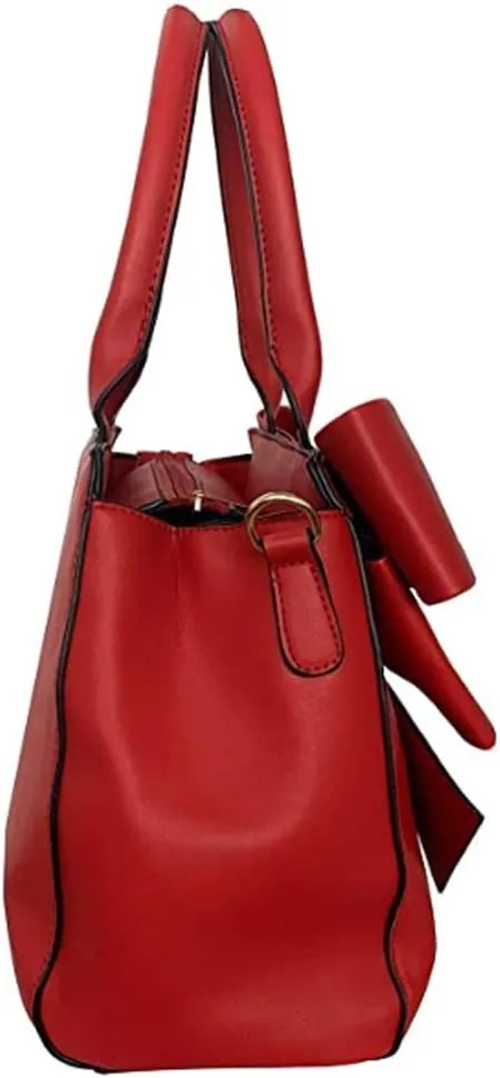 Women 2Pcs Handbag Set Bow-Knot Satchel Top-handle Crossbody Bag Tote Wallet Purse with Heart Pendant Red