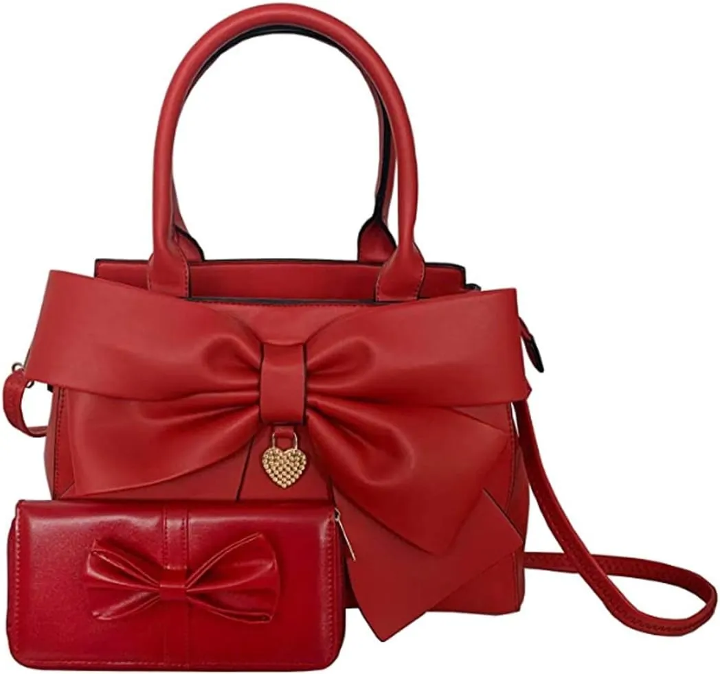 Women 2Pcs Handbag Set Bow-Knot Satchel Top-handle Crossbody Bag Tote Wallet Purse with Heart Pendant Red