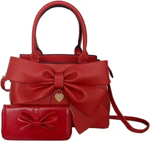 Women 2Pcs Handbag Set Bow-Knot Satchel Top-handle Crossbody Bag Tote Wallet Purse with Heart Pendant Red