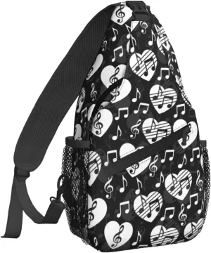Women Black Music Note Hearts Crossbody Sling Backpack for Men Chest Bag Shoulder Bag Lightweight One Strap Backpack Travel Outdoor Daypack