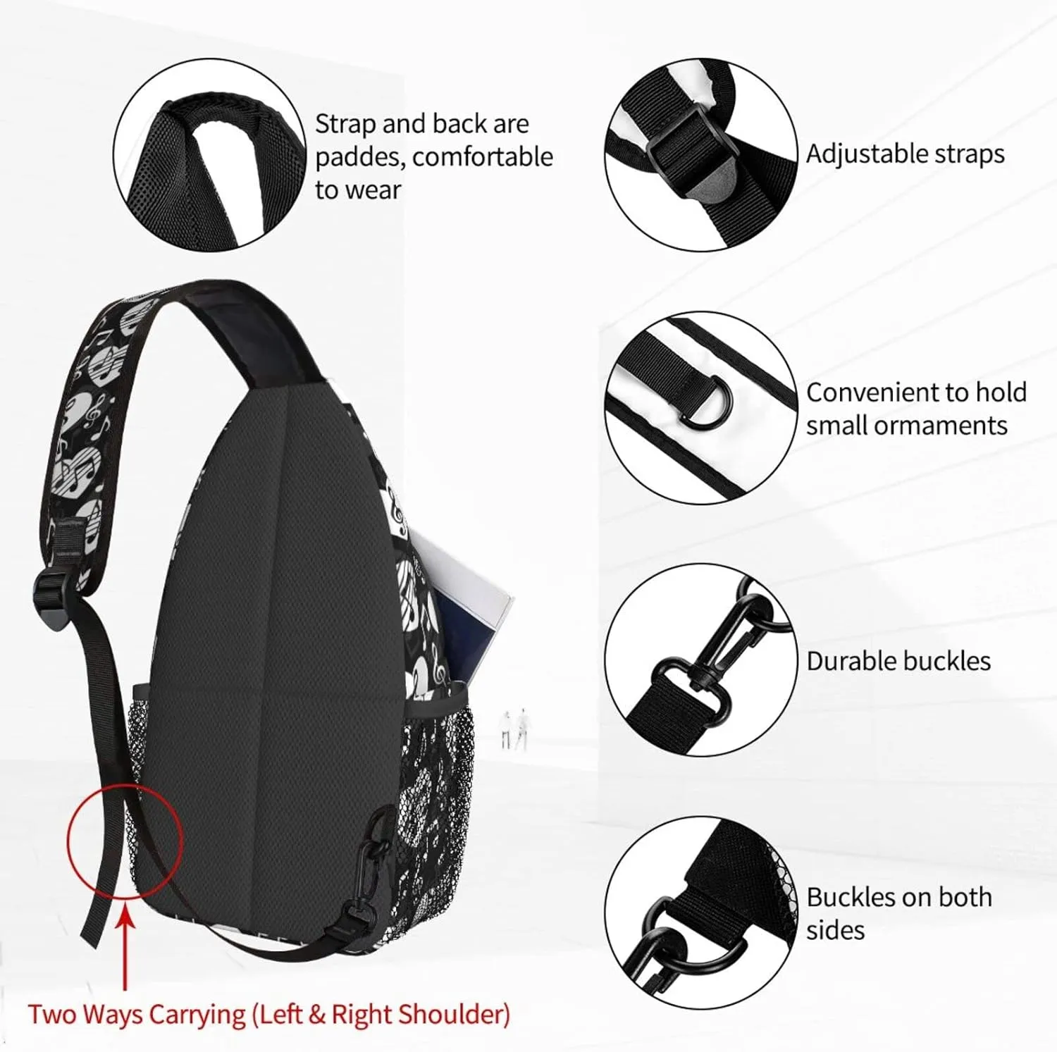 Women Black Music Note Hearts Crossbody Sling Backpack for Men Chest Bag Shoulder Bag Lightweight One Strap Backpack Travel Outdoor Daypack