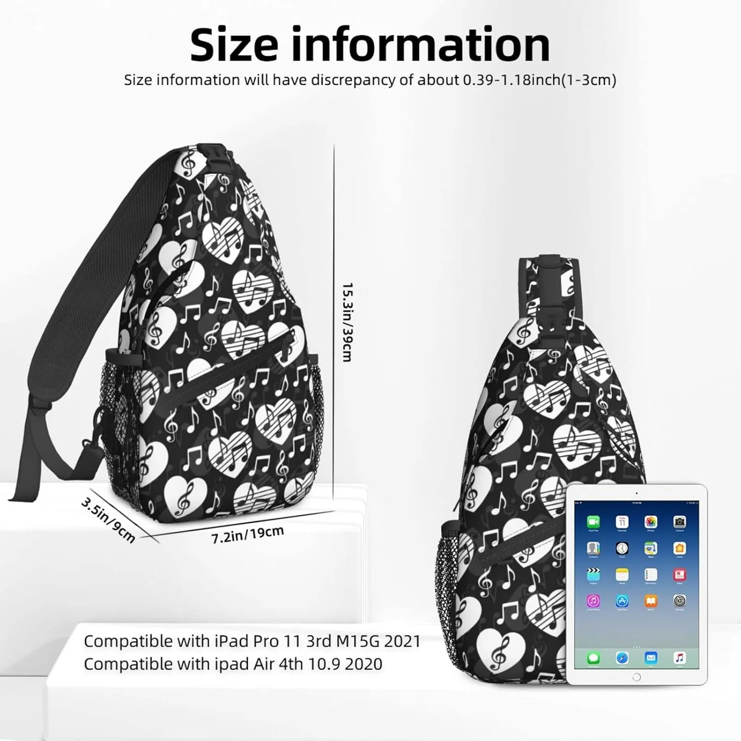 Women Black Music Note Hearts Crossbody Sling Backpack for Men Chest Bag Shoulder Bag Lightweight One Strap Backpack Travel Outdoor Daypack