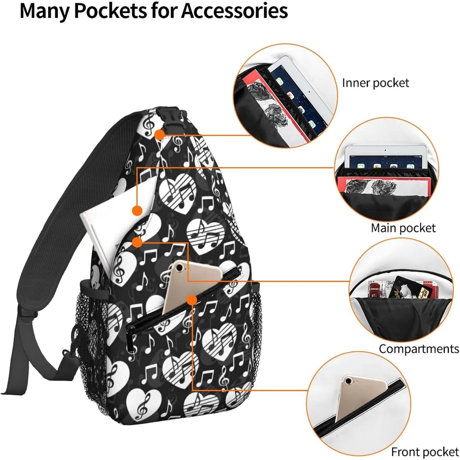 Women Black Music Note Hearts Crossbody Sling Backpack for Men Chest Bag Shoulder Bag Lightweight One Strap Backpack Travel Outdoor Daypack